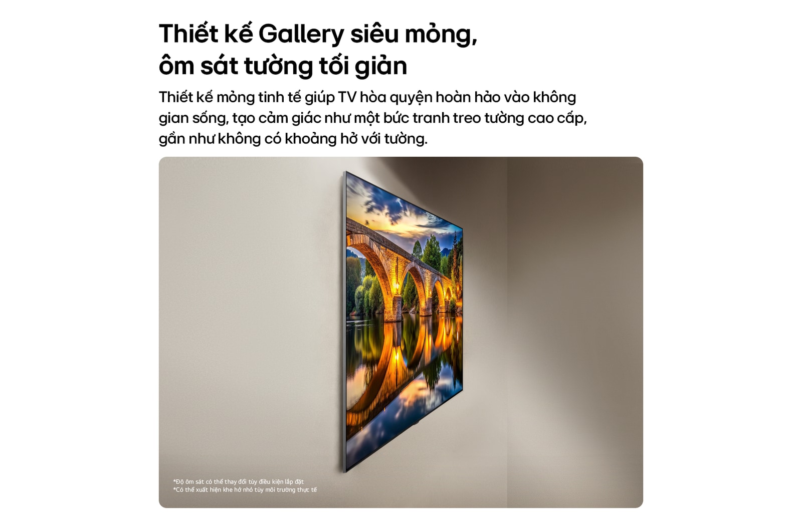 LG OLED evo AI G6, shown from the side, highlights its Flush Fit Gallery Design with a zero-gap wall-mounted installation, displaying a night scene of a lit bridge with reflections on water.
